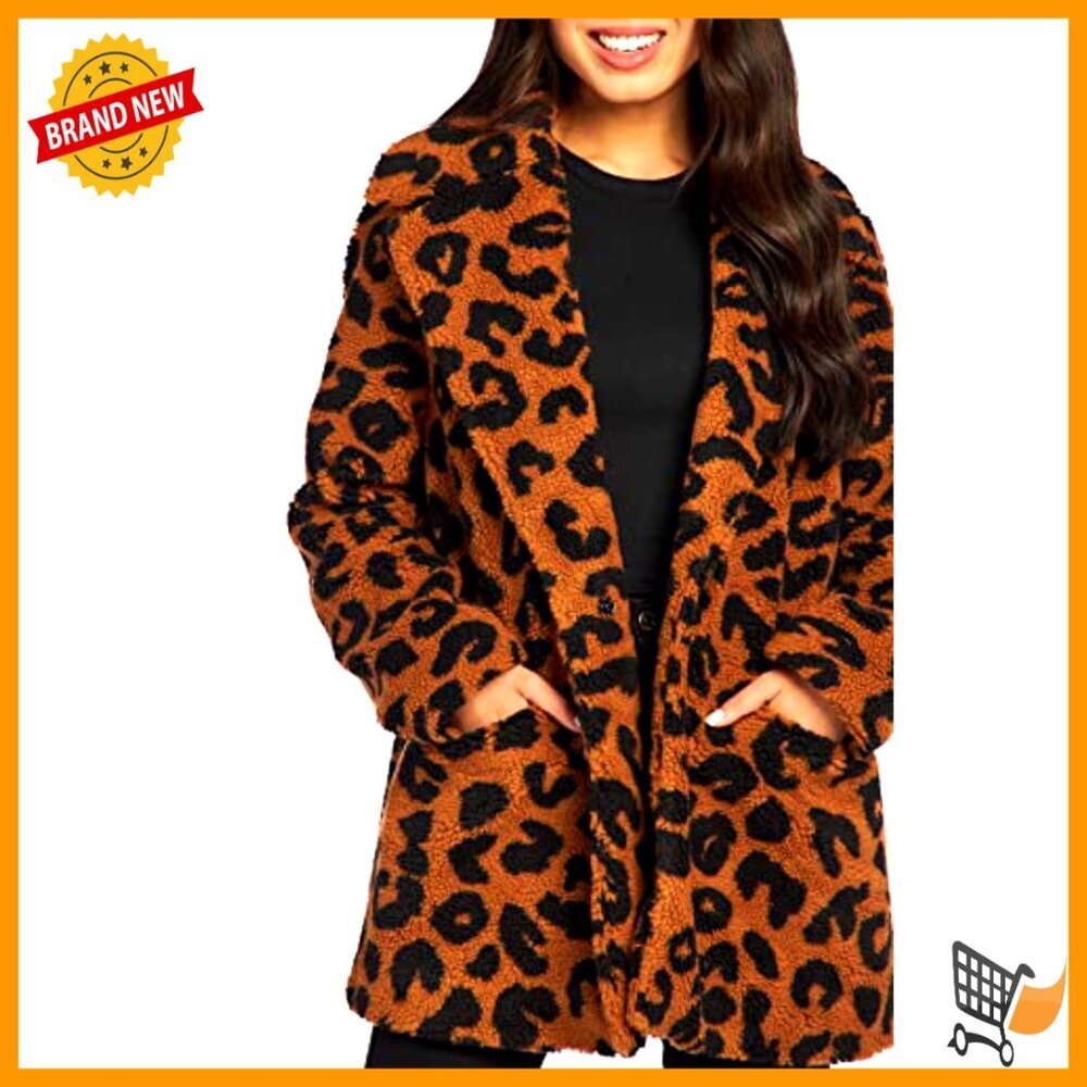 Leopard Print Sherpa Coat Faux Fur Lined Oversized Chic Winter Jacket - Picture 6 of 7
